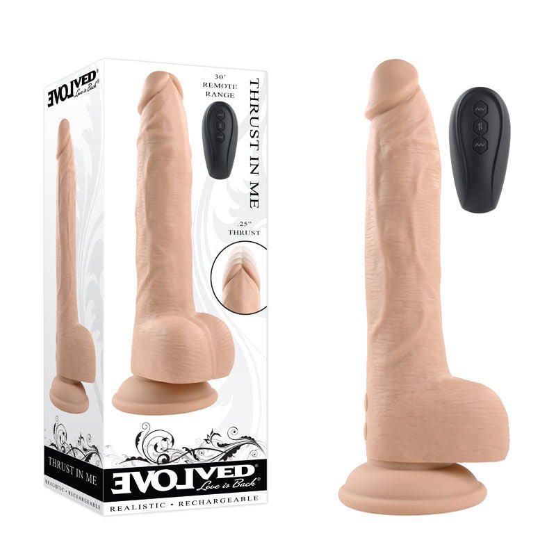 Evolved - thrust in me light - large vibrating dildo - Product front view and box front view | Flirtybay.com.au