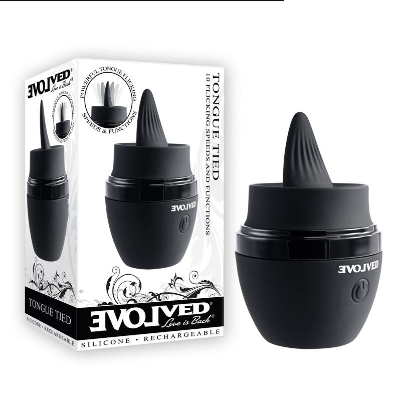 Evolved - tongue tied - clitoral stimulator - Product front view and box side view | Flirtybay.com.au