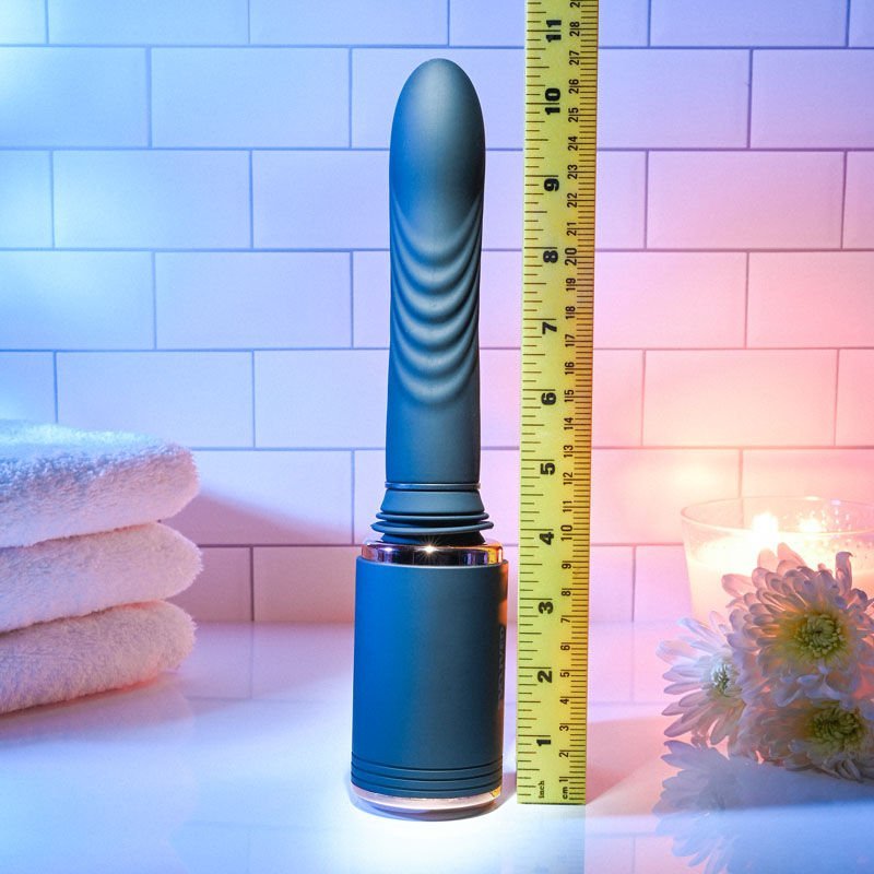 Evolved - too hot to handle - compact sex machine - Product front view, with dimensions  | Flirtybay.com.au