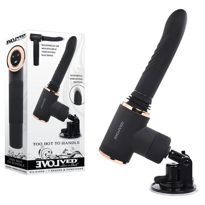 Evolved - too hot to handle - compact sex machine - Product side view and box side view | Flirtybay.com.au