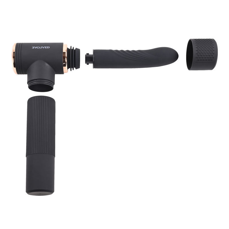 Evolved - too hot to handle - compact sex machine - Product top view, with accessories | Flirtybay.com.au