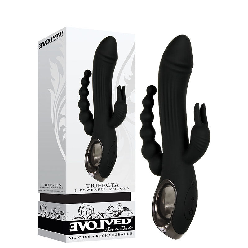 Evolved - trifecta - anal and g-spot vibrator - Product side view and box side view | Flirtybay.com.au