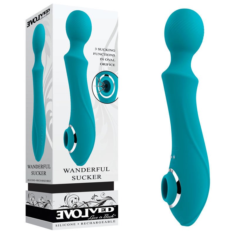 Evolved - wanderful sucker - wand and suction vibrator - Product front view and box front view | Flirtybay.com.au