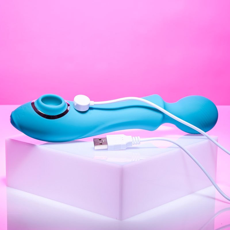 Evolved - wanderful sucker - wand and suction vibrator - Product side view, focus on charger  | Flirtybay.com.au