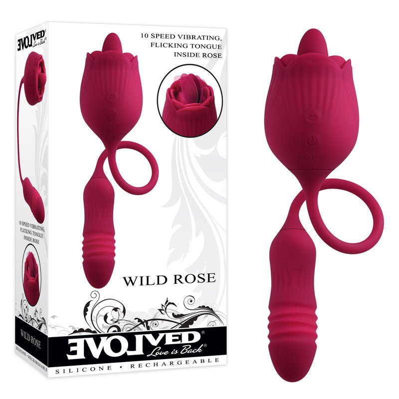 Evolved - wild rose - g-spot and clitoral vibrator - Product front view and box front view | Flirtybay.com.au