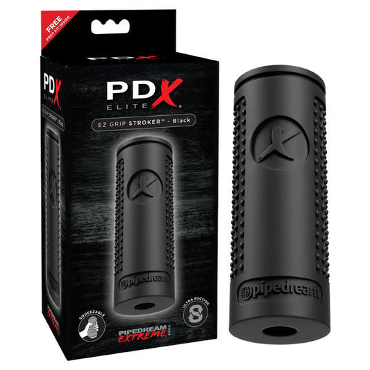 Front view of the PDX Elite EZ Grip Stroker in black, shown upright beside its retail box on a white background, highlighting the ergonomic design and discreet casing. | Flirty Bay adult store Perth