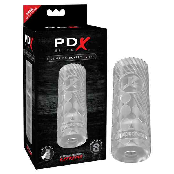 Front view of the PDX Elite EZ Grip Stroker in clear, focusing on the transparent casing and inner texture for visual stimulation. | Flirty Bay adult store Perth