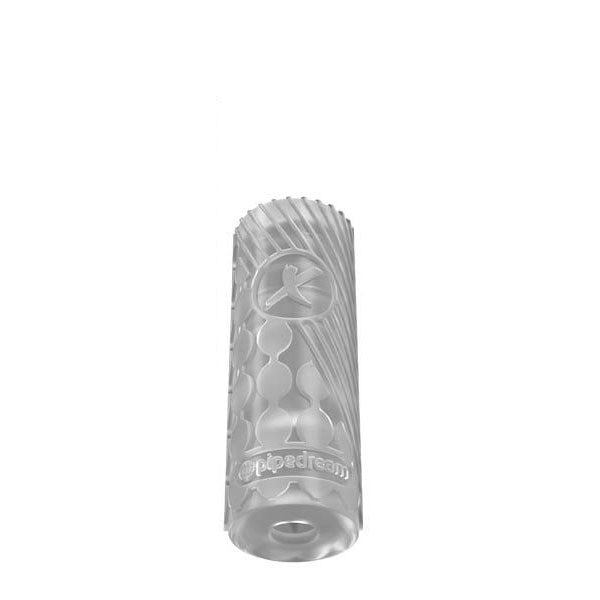 Front view of the PDX Elite EZ Grip Stroker in clear version placed beside its retail packaging on a white background, revealing the inner texture and transparent design. | Flirty Bay adult store Perth