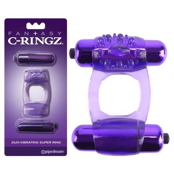 Fantasy c-ringz - duo-vibrating super cock ring - Product front view and box front view | Flirtybay.com.au