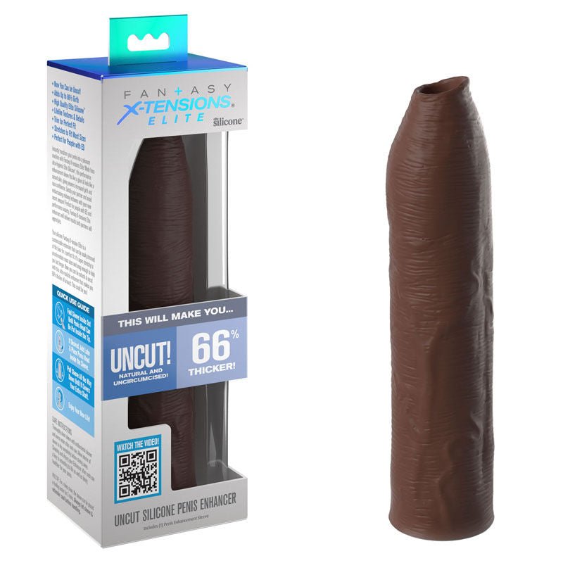 Fantasy X tensions Elite Uncut Silicone Penis Extender Brown Front View and box | Flirtybay.com.au