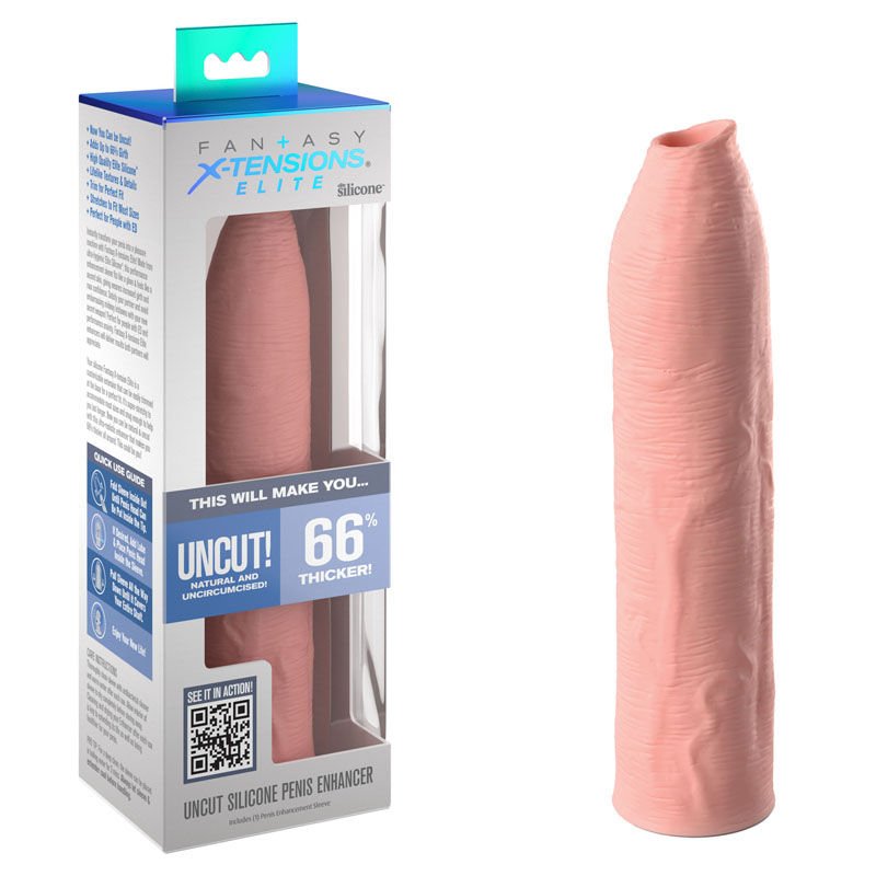 Fantasy X tensions Elite Uncut Silicone Penis Extender Flesh Front View with box | Flirtybay.com.au