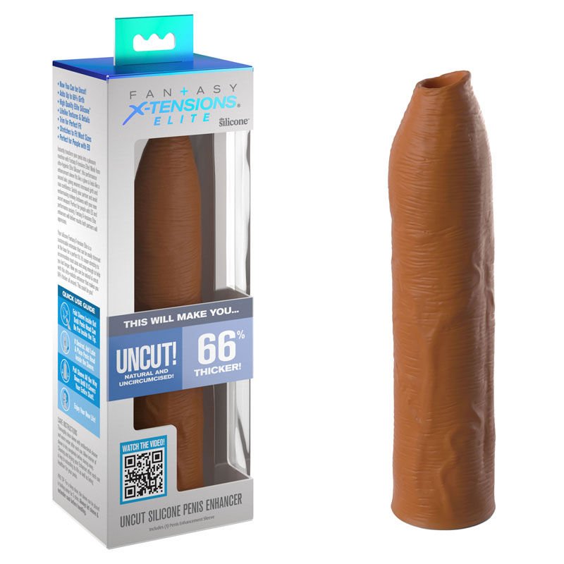 Fantasy X tensions Elite Uncut Silicone Penis Extender Tan Front View and box | Flirtybay.com.au