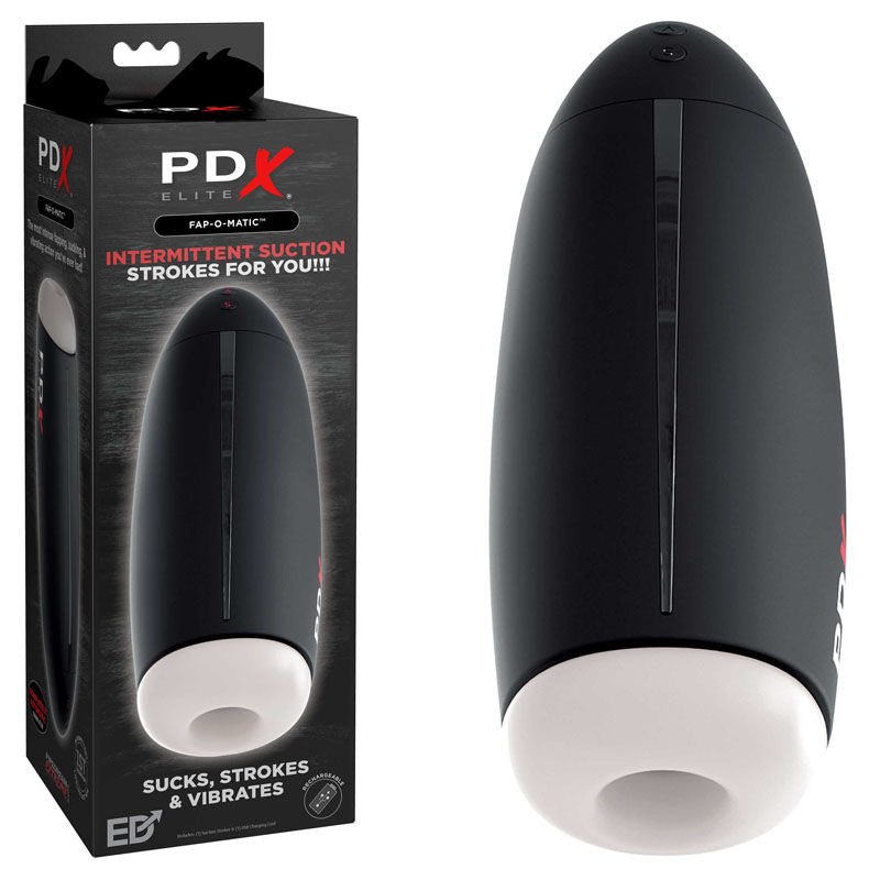 Front view of the PDX Elite Fap-O-Matic sucking and vibrating male masturbator with packaging included | Flirty Bay adult store Perth