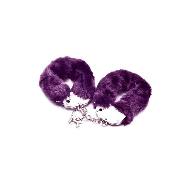 Fetish Pleasure Fluffy Hand Cuffs, purple, front view | Flirtybay.com.au