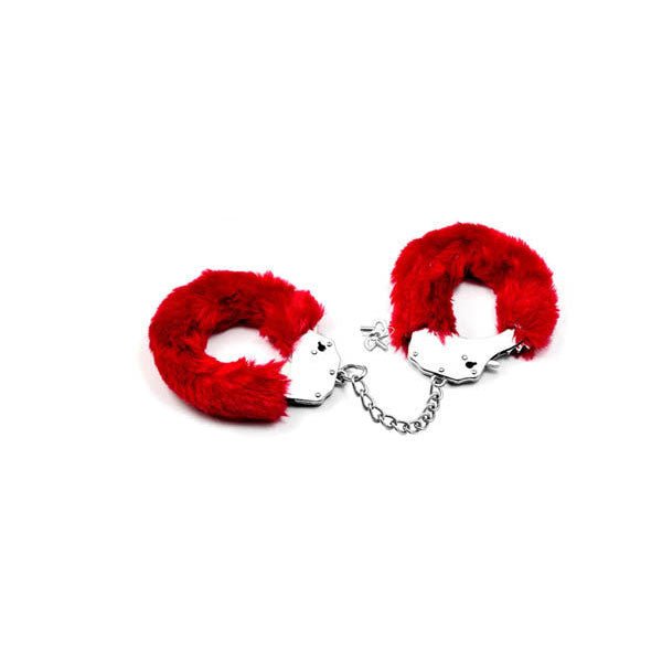 Fetish Pleasure Fluffy Hand Cuffs, red, front view | Flirtybay.com.au
