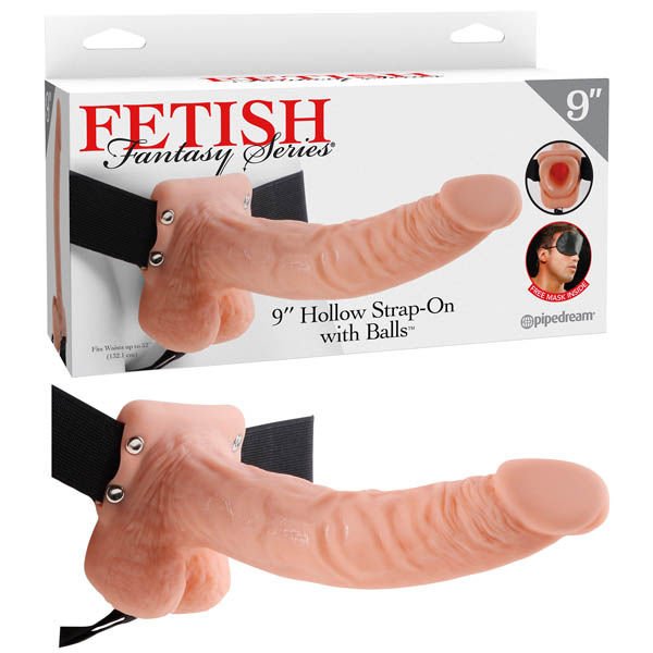Fetish fantasy series - 9 hollow strap-on with balls - Product front view and box front view | Flirtybay.com.au