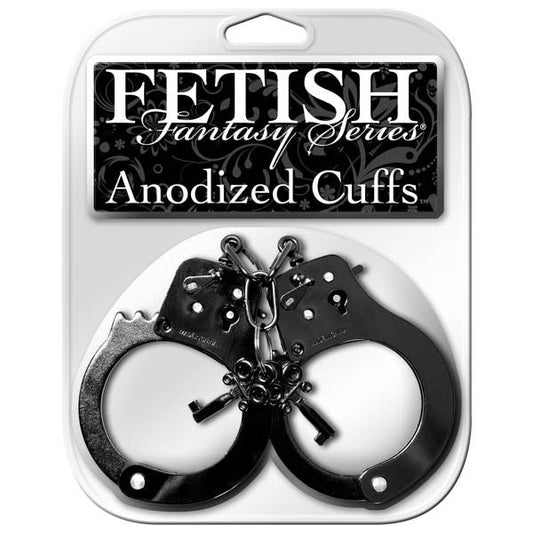 Fetish fantasy series - anodized black sex handcuffs - Product front view and box front view  | Flirty Bay Adult Store and Sex Tools in Perth Australia