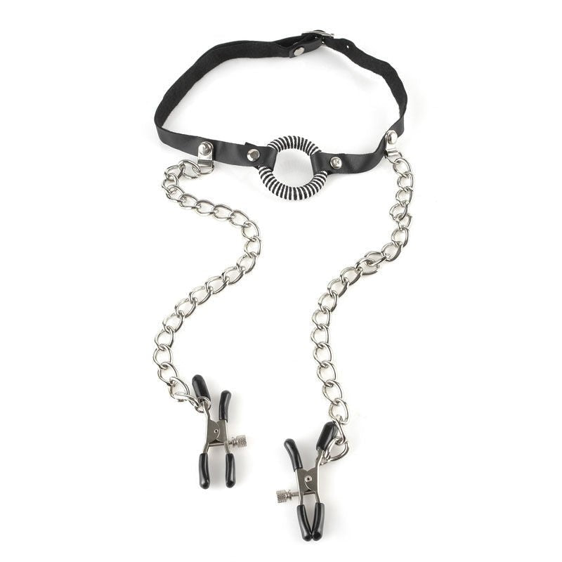 Fetish fantasy series - o-ring gag with nipple clamps - Product front view  | Flirtybay.com.au