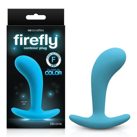 Flirefly Contour Butt Plug, Blue, Medium, front view and Box view | Flirtybay.com.au