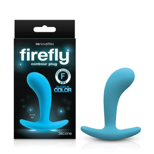 Flirefly Contour Butt Plug, Blue, Small, front view and Box view | Flirtybay.com.au