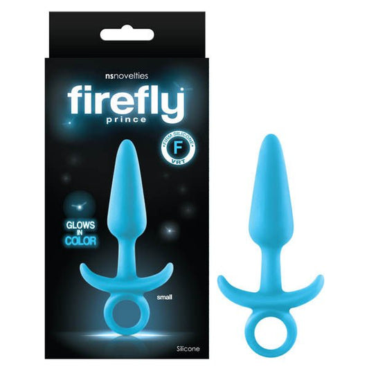 Firefly prince butt plug, blue, front view and box view | Flirtybay.com.au