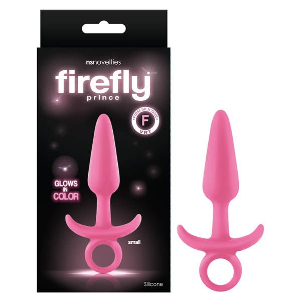 Firefly prince butt plug, pink, front view and box view | Flirtybay.com.au