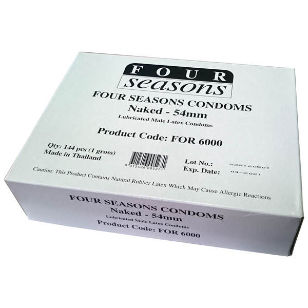 Four seasons - naked - 144 pack classic condoms -  box front view | Flirtybay.com.au