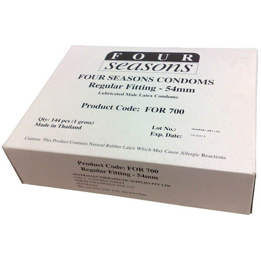 Four seasons - regular - 144 pack condoms -  box side view | Flirtybay.com.au