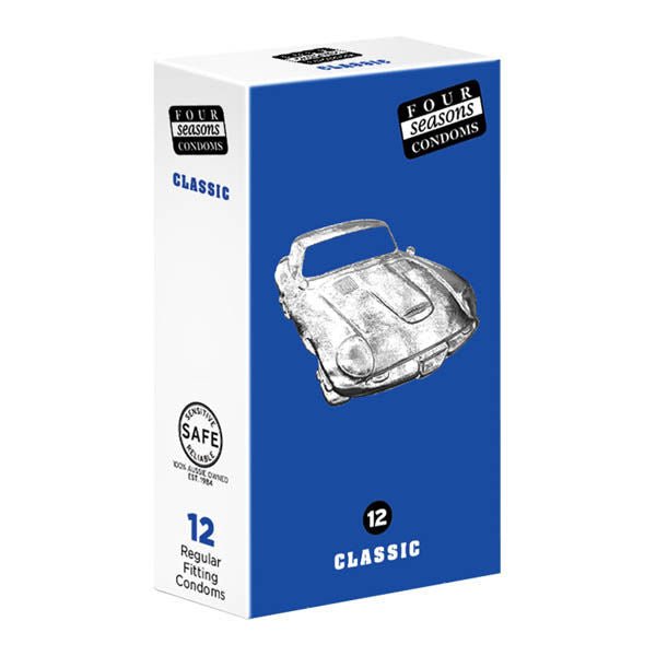 Four seasons - regular condoms - 12 pack condoms -  box side view | Flirtybay.com.au