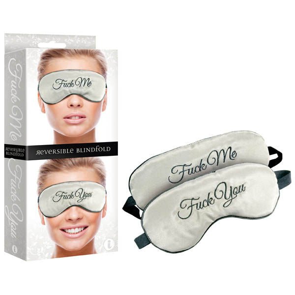 Fuck me fuck you - reversible blindfold - Product front view and box front view | Flirtybay.com.au