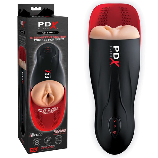 The PDX Elite Fuck-O-Matic Real Pussy male masturbator in a front-facing position, clearly showing all control buttons. The sex toy is displayed next to its original packaging box on the left on a clean white background. | Flirty Bay adult store Perth