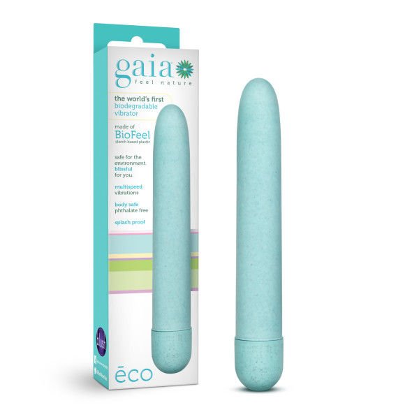 Gaia - eco bullet vibrator - Blue, Product front view and box front view | Flirtybay.com.au