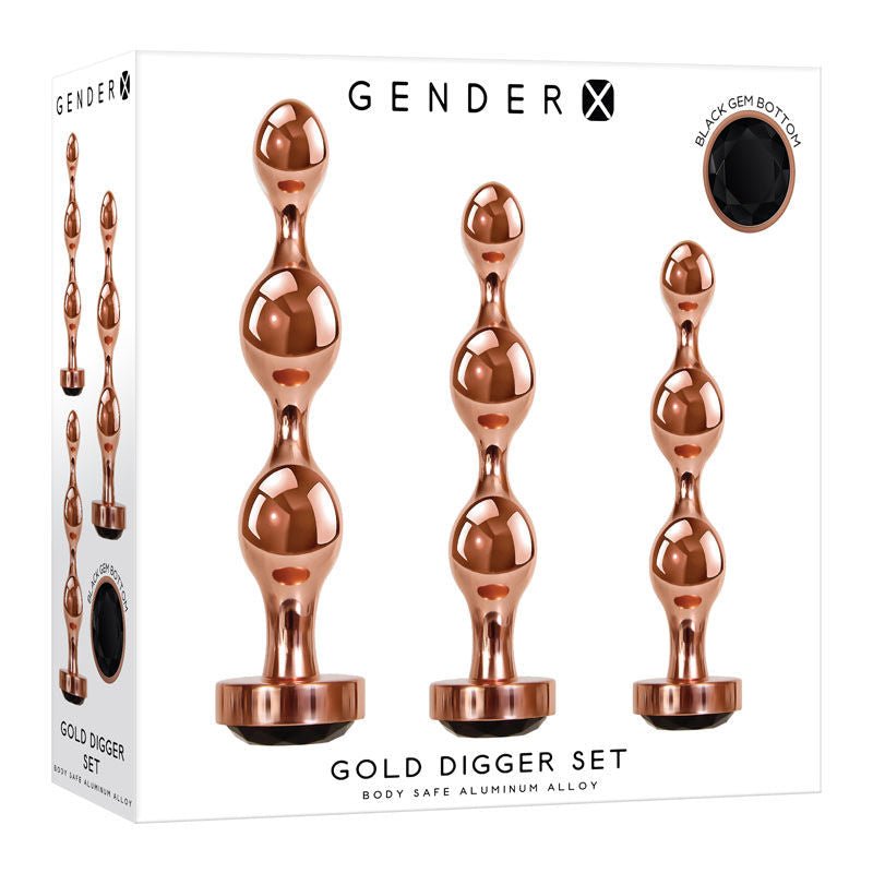 Gender x - gold digger butt plug set -  box front view | Flirtybay.com.au