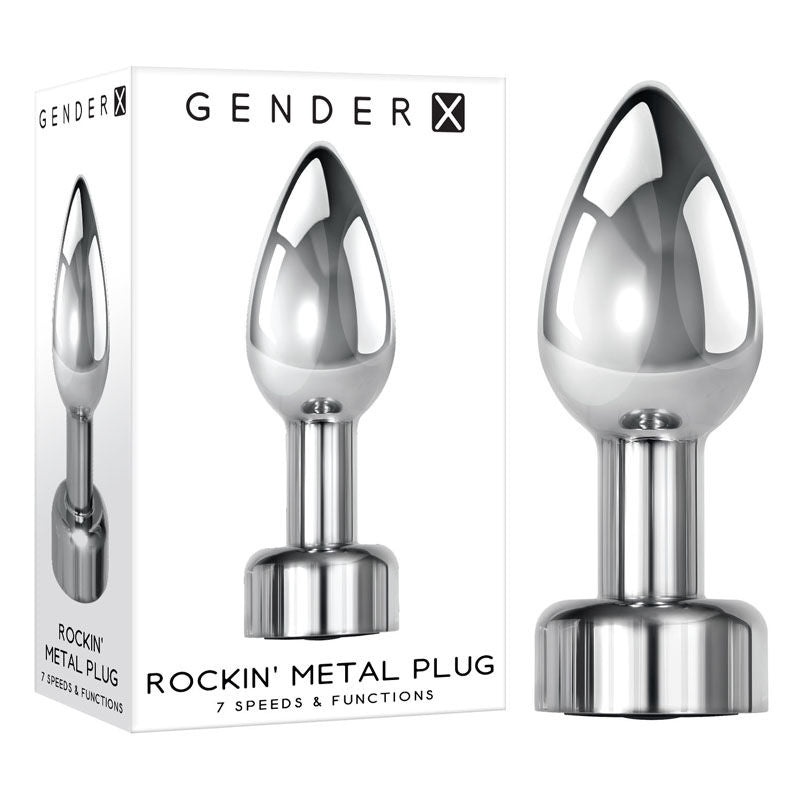 Gender x - rockin' metal vibrating butt plug - Product front view and box front view | Flirtybay.com.au