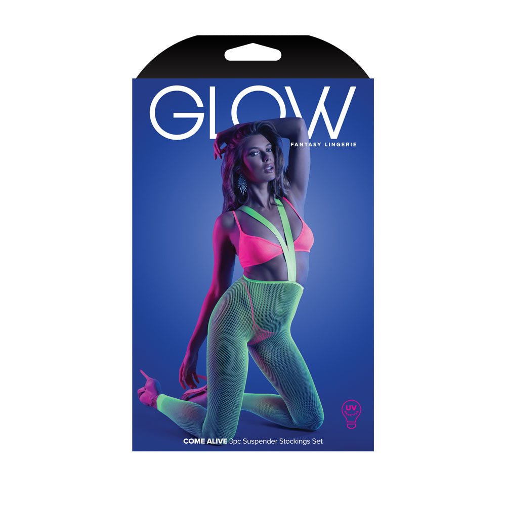 Glow come alive - 3 pc suspender stockings set - Product front view  | Flirtybay.com.au