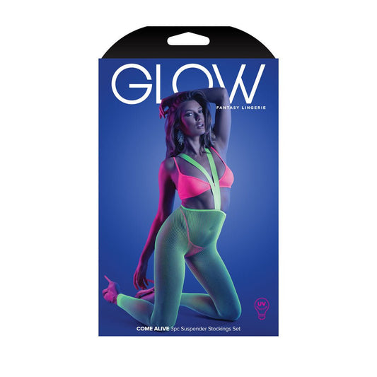 Glow come alive - 3 pc suspender stockings set - Product front view  | Flirtybay.com.au