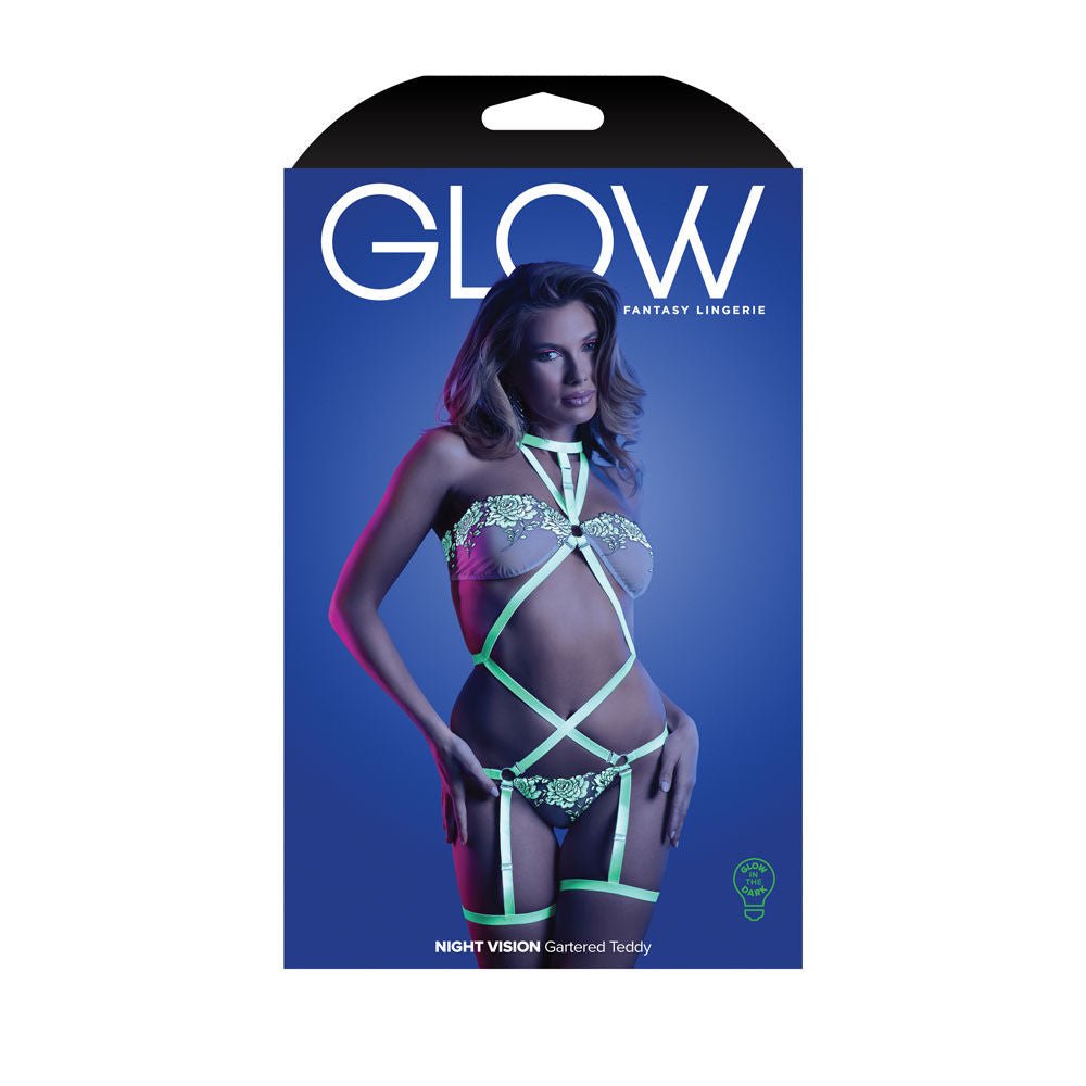 Glow night vision - gartered teddy - harness -  box front view | Flirtybay.com.au