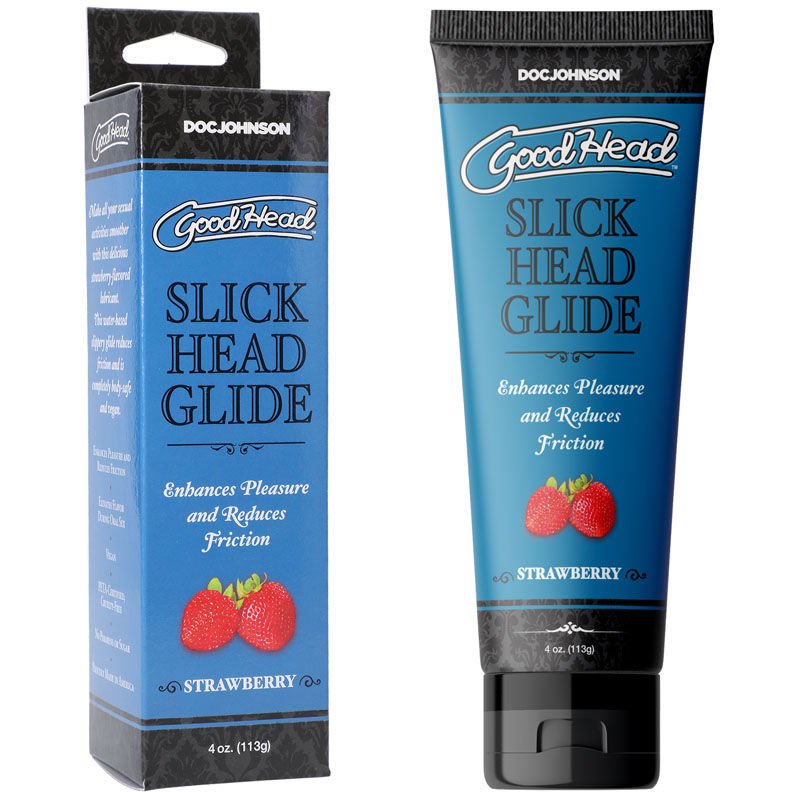 Goodhead - slick head glide - water-based lubricant -strawberry Product front view and box front view | Flirtybay.com.au