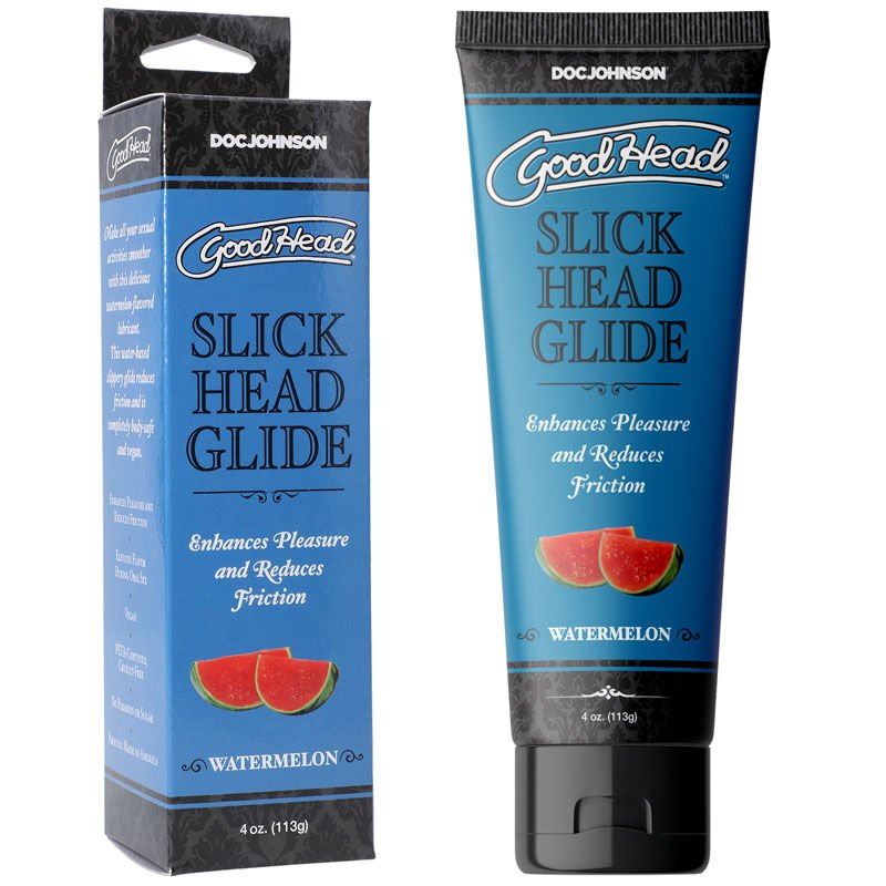 Goodhead - slick head glide - water-based lubricant - watermelon Product front view and box front view | Flirtybay.com.au