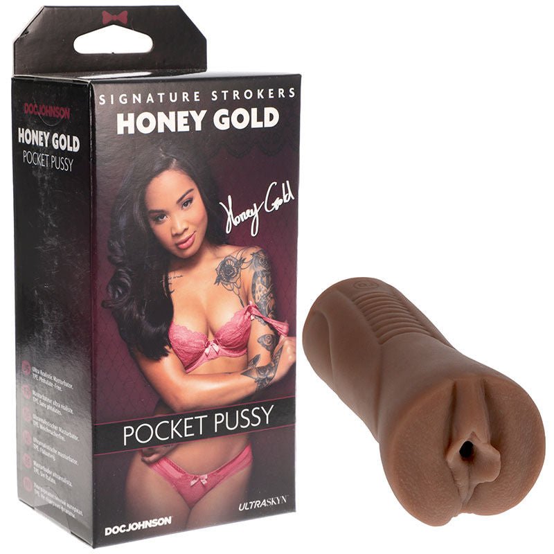 Honey gold - ultraskyn pocket pussy realistic vagina - Product front view and box front view | Flirtybay.com.au