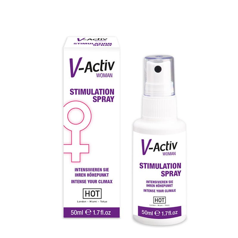 Hot v-activ stimulation spray - Product front view and box front view | Flirtybay.com.au