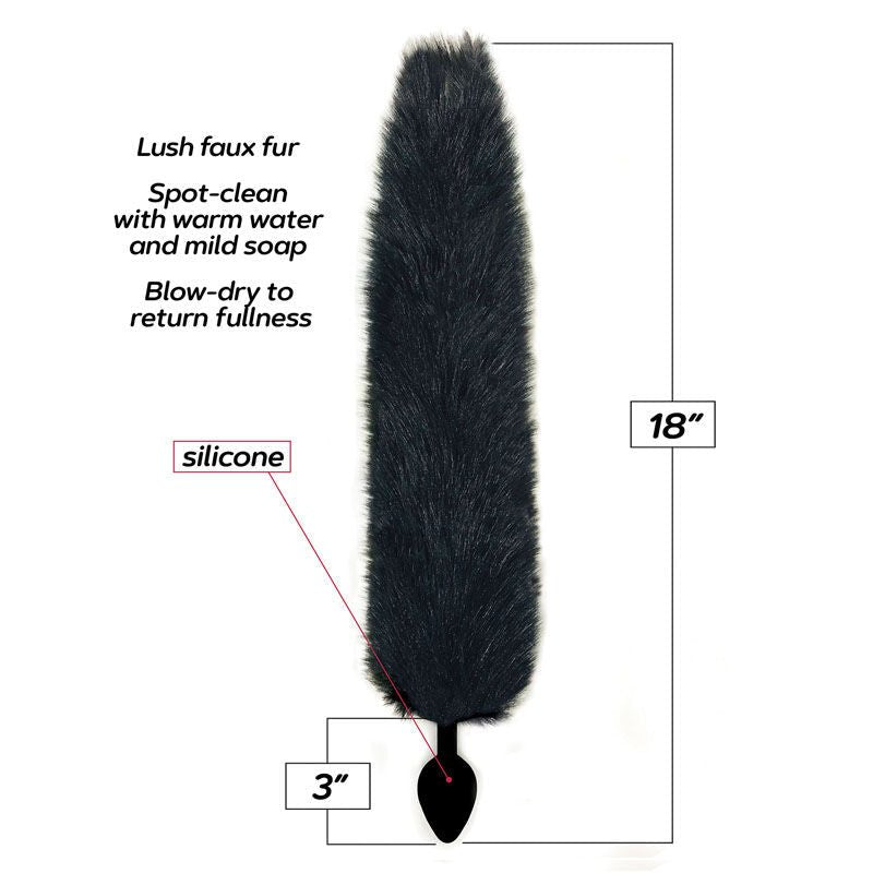 Foxy Fox Tail Silicone Butt Plug Black Front View, details | Flirtybay.com.au