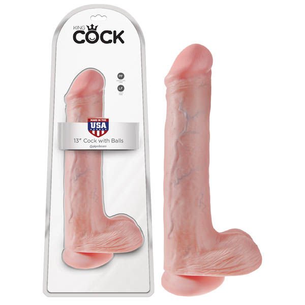 King cock - 13'' dildo with balls - Product front view and box front view | Flirtybay.com.au