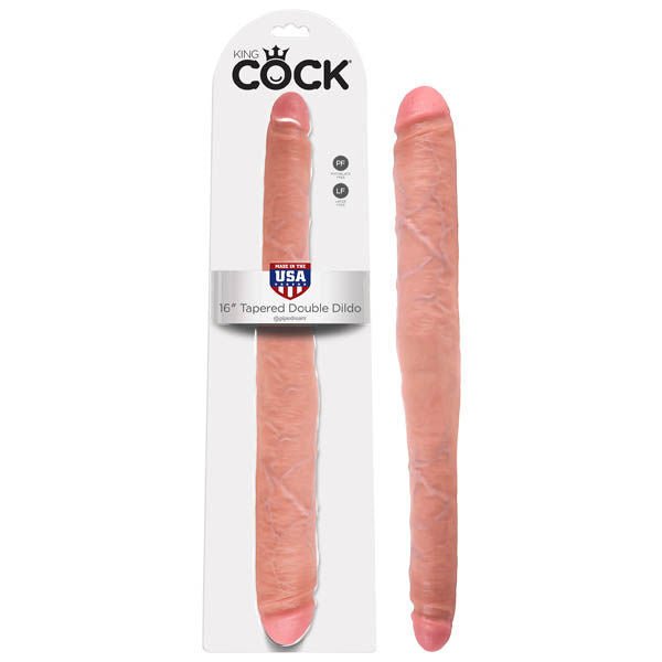 King cock - 16'' tapered double-ended dildo - Product front view and box front view | Flirtybay.com.au