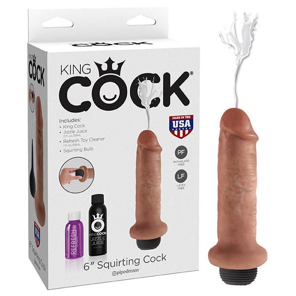 King Cock 6 " ejaculating dildo tan, box front view | Flirtybay.com.au