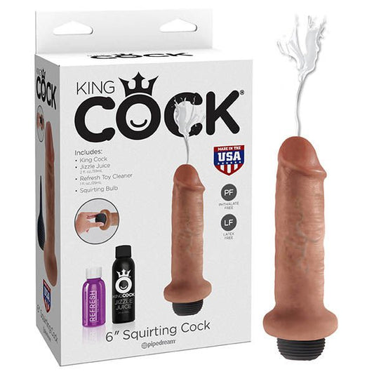 King Cock 6 " ejaculating dildo tan, box front view | Flirtybay.com.au