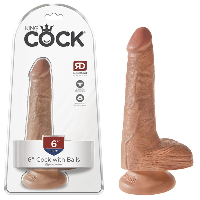 King Cock 6" dildo with balls, tan, front view with box | Flirtybay.com.au