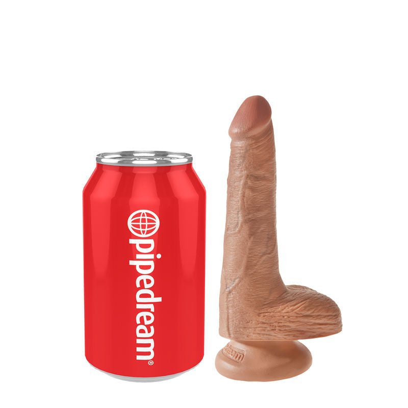 King Cock 6" dildo with balls, tan, front view with can of coke for size | Flirtybay.com.au