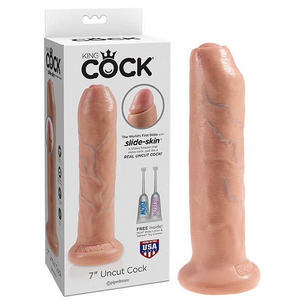 King Cock 7" uncut dildo, flesh, front view with box | Flirtybay.com.au