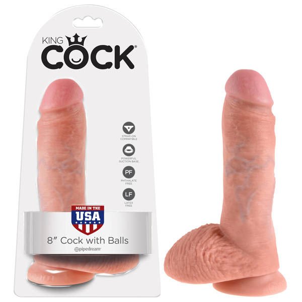 King cock - 8'' dildo with balls - Product front view and box front view | Flirtybay.com.au